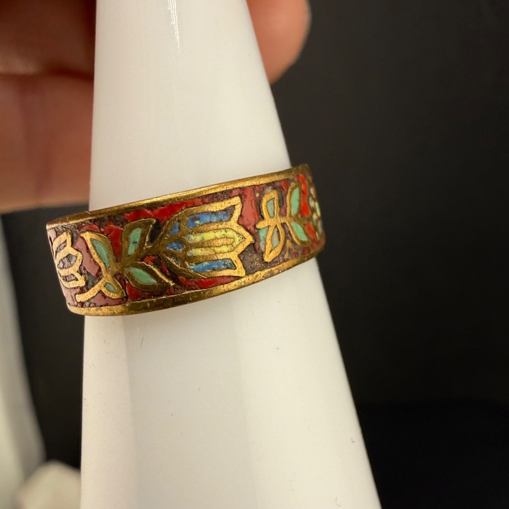 Vintage Cloisonne Enamel Flower Band Ring Red Gold Tone Size 4 - Picture 6 of 13